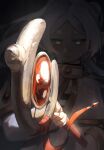  1girl absurdres arc_pic capelet closed_mouth commentary_request elf foreshortening frieren green_eyes grey_hair highres holding holding_staff long_hair long_sleeves looking_at_viewer mage_staff object_focus perspective pointy_ears serious shirt solo sousou_no_frieren staff striped_clothes striped_shirt white_capelet 