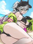  1girl bare_shoulders baseball_cap beach bikini black_bikini black_hands black_hat blue_sky body_markings breasts choker cleavage colored_extremities commentary crossed_bangs demon_girl demon_horns fate/grand_order fate_(series) green_eyes green_jacket grey_hair grin hair_between_eyes hat high_ponytail highres horns jacket lilith_(fate) lilith_(swimsuit_rider)_(first_ascension)_(fate) long_hair long_sleeves looking_at_viewer lying medium_breasts multicolored_jacket off_shoulder on_side pink_jacket ponytail sky smile solo swimsuit thighs two-tone_jacket unfinished zantyarz zipper_bikini 