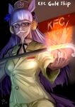  1girl animal_ears black_ribbon blunt_bangs bow breasts brown_hat cane collared_shirt colonel_sanders colonel_sanders_(cosplay) commentary_request cosplay ear_bow facial_hair fire funaya_sakichi glasses goatee gold_ship_(umamusume) grey_hair hat highres horse_ears horse_girl horse_tail jacket kfc long_hair looking_at_viewer mustache pants pillbox_hat purple_eyes ribbon shirt solo tail umamusume white_jacket white_pants white_shirt 