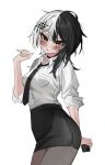  1girl absurdres akarinnndesu alternate_costume black_choker black_hair black_necktie black_skirt blush breast_pocket breasts cellphone choker collared_shirt commentary cowboy_shot fang grey_hair hair_ornament highres holding holding_phone hololive hololive_english large_breasts long_hair looking_at_viewer multicolored_hair necktie office_lady open_mouth pantyhose pencil_skirt phone pocket shiori_novella shirt simple_background skin_fang skirt sleeves_rolled_up smartphone solo split-color_hair two-tone_hair virtual_youtuber white_background white_shirt yellow_eyes 