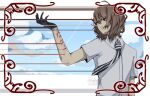  00rpheus 1boy akechi_goro border brown_eyes brown_hair collared_shirt commentary cuts english_commentary frown hand_up highres injury looking_to_the_side male_focus necktie ornate_border persona persona_5 persona_5_the_royal self-harm shirt short_hair solo striped_clothes striped_necktie t-shirt white_shirt wrist_cutting 