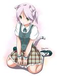  animal_ears blouse cat_ears cat_tail character_name fatkewell green_eyes original plaid plaid_skirt sharon_catiey short_hair sitting skirt solo tail unmoving_pattern wariza wristband younger 