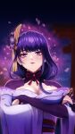  1girl artist_name bilingual_commentary breasts bridal_gauntlets cleavage closed_mouth commentary crossed_arms genshin_impact hair_ornament highres japanese_clothes kimono looking_at_viewer medium_breasts mixed-language_commentary obi petals pink_petals purple_bridal_gauntlets purple_eyes purple_hair purple_kimono purple_shrug raiden_shogun red_sash sash shrug_(clothing) solo torii upper_body yuki0_art 