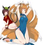  animal_ears arms_up blonde_hair bow brown_hair cat_ears cat_tail chen china_dress chinese_clothes dress dress_shirt fox_ears fox_tail hat jewelry kneeling looking_at_another mob_cap multiple_girls multiple_tails nekomata panzer red_eyes shirt shoes short_hair short_sleeves simple_background single_earring sleeveless tail touhou white_background wrist_cuffs yakumo_ran yellow_eyes 