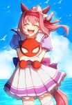  1girl animal_ears bird blue_sky blush bow bowtie character_doll cloud commentary doll ear_bow ear_covers english_commentary hairband haru_urara_(umamusume) headband highres horse_ears horse_girl horse_tail hugging_doll hugging_object long_hair marvel ocean open_mouth outdoors pink_hair pink_headband pleated_skirt ponytail puffy_short_sleeves puffy_sleeves purple_bow purple_bowtie purple_shirt red_headband sailor_collar sailor_shirt school_uniform shirt short_sleeves skirt sky smile solo spider-man spider-man_(original_suit) spider-man_(series) tail teeth thighhighs tracen_school_uniform umamusume upper_teeth_only water white_sailor_collar white_skirt white_thighhighs zhadly_ded 