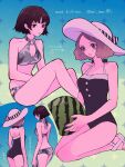  2girls bare_legs bikini blue_bikini braid breasts brown_eyes brown_hair cleavage collarbone cowboy_shot crown_braid dated feet_out_of_frame floral_print floral_print_bikini fluffy_hair food from_behind fruit grey_bikini hairband halterneck hat highres holding holding_food holding_fruit legs medium_breasts multiple_girls multiple_views niijima_makoto o-ring o-ring_bikini o-ring_top official_alternate_costume okumura_haru one-piece_swimsuit oui_zen parted_lips persona persona_5 persona_5_scramble:_the_phantom_strikers print_bikini red_eyes sandals seiza short_hair sitting sparkle swimsuit thighs translation_request twitter_username watermelon white_hat white_sandals 