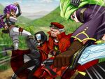  1boy 3girls black_boots black_pantyhose black_shirt black_skirt black_vest blocking boots breaking breasts cloak commentary_request full_body gauntlets goggles grass green_eyes green_hair grey_hair hat holding holding_sword holding_weapon jacket jumping kicking long_sleeves looking_at_another medium_breasts motion_lines multiple_girls open_mouth outdoors pants pantyhose peaked_cap pixiv_fantasia pixiv_fantasia_sword_regalia pointy_ears purple_eyes purple_hair purple_jacket red_cloak red_hat reverse_grip sengoku_esuji shirt short_hair skirt sleeveless sleeveless_shirt smile sword vest weapon white_pants 