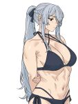  1girl abs ak-15_(girls'_frontline) anakasakas arm_behind_back bikini blush bow braid breasts collarbone commentary commentary_request facing_to_the_side girls'_frontline girls'_frontline_2:_exilium green_eyes hair_bow hair_over_one_eye half_up_braid high_ponytail highleg highleg_panties highres large_breasts long_hair multi-strapped_bikini_top muscular muscular_female panties ponytail side-tie_bikini_bottom swimsuit underwear voymastina_(girls'_frontline_2) white_background white_hair 