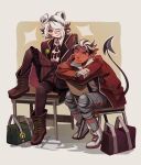  1boy 1girl apollo_(deadlock) badge bag black_boots black_pantyhose boots button_badge chair colored_skin commentary deadlock_(game) demon_boy demon_horns demon_tail desk double_bun english_commentary graves_(deadlock) green_eyes grey_hair hair_bun hair_over_one_eye highres horns jacket knee_up on_chair on_desk open_clothes open_jacket pantyhose parted_lips pleated_skirt pointy_ears red_eyes red_jacket red_skirt school_bag school_desk shirt short_hair sitting sitting_backwards sitting_on_table skirt smile stairzz tail white_boots white_hair white_shirt 