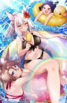  >_< 3girls animal_ears bare_shoulders bikini biwa_hayahide_(umamusume) black_bikini black_hair blue_eyes blush bnw_(umamusume) breasts brown_hair cleavage closed_eyes closed_mouth flower food glasses grey_hair hair_between_eyes hair_flower hair_ornament hanomoge highres holding holding_food holding_popsicle horse_ears horse_girl horse_tail inflatable_duck innertube large_breasts long_hair multiple_girls narita_taishin_(umamusume) navel ocean on_innertube open_mouth ponytail popsicle red-framed_eyewear red_bikini semi-rimless_eyewear small_breasts smile stomach swim_ring swimsuit tail umamusume under-rim_eyewear water winning_ticket_(umamusume) yellow_eyes 