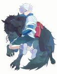  1boy animal backpack bag black_shorts blue_eyes blue_shirt closed_mouth commentary full_body gong_0777 hand_in_pocket highres hunter_x_hunter killua_zoldyck layered_sleeves long_sleeves looking_at_viewer looking_back male_focus shirt short_hair short_over_long_sleeves short_sleeves shorts solo untranslatable_commentary white_hair white_shirt wolf 