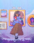  1girl antenna_hair black_hair black_shoes blue_cardigan blurry bow brown_skirt captain_spaceboy cardigan cardigan_partially_removed character_charm charm_(object) chromatic_aberration closed_eyes closed_mouth cloud commentary cowlick cup dark-skinned_female dark_skin dated depth_of_field donuqx double-parted_bangs drawing_(object) drop_shadow english_commentary facing_viewer floral_print flower frilled_skirt frills full_body glasses hair_between_eyes hair_ornament hand_up highres holding holding_sketchbook kel_(faraway)_(omori) kel_(omori) leaf long_skirt long_sleeves marker mary_janes medium_hair mincy_(omori) mole mole_under_mouth omori open_cardigan open_clothes paintbrush painting_(object) pantyhose pencil pocket portrait_(object) puffy_long_sleeves puffy_sleeves purple_background purple_flower red-framed_eyewear shirt shoes simple_background sitting sketchbook skirt sleeveless sleeveless_shirt smile solo star_(symbol) star_hair_ornament straight-on sunny_(omori) u_u white_bow white_pantyhose white_shirt 
