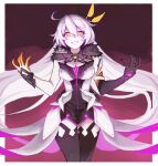  1girl ahoge asymmetrical_gloves black_gloves black_thighhighs border breasts cross-shaped_pupils dress evil_grin evil_smile gloves grin hair_ornament highres honkai_(series) honkai_impact_3rd kiana_kaslana kiana_kaslana_(herrscher_of_the_void) large_breasts long_hair looking_at_viewer mismatched_gloves mmmmhyb purple_background smile solo symbol-shaped_pupils thighhighs thighs two-tone_dress very_long_hair white_border white_gloves white_hair yellow_eyes 