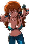  1girl :q absurdres bangle bikini bikini_top_only blue_pants bracelet breasts breasts_apart cleavage clima-tact closed_mouth collarbone commentary cowboy_shot denim earrings gold_bangle gonggi green_bikini highres jeans jewelry large_breasts log_pose long_hair looking_at_viewer nami_(one_piece) naughty_face navel one_piece orange_eyes orange_hair over_shoulder pants pearl_earrings shoulder_tattoo sidelocks smile solo stomach swimsuit tattoo tongue tongue_out wavy_hair white_background 