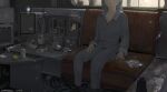  1girl absurdres amputee blue_hair blue_pants blue_shirt can commentary_request copyright_notice couch cytus cytus_ii double_amputee drink_can head_out_of_frame highres legless_amputee nora_(cytus) official_art on_couch paindude pajamas pants shirt short_hair sitting tablet_pc window 