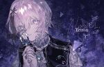  1boy aqua_gem ascot black_capelet black_veil brooch capelet commentary_request cross dated fishnet_gloves fishnets frilled_shirt_collar frills gem gloves grey_nails hair_between_eyes hair_ornament holding holding_cross island729 jewelry looking_at_viewer male_focus mole mole_under_eye multiple_moles nail_polish original own_hands_clasped own_hands_together parted_lips personification pink_eyes pink_hair polearm raised_inner_eyebrows shirt short_hair solo star_(sky) starry_sky_background sunburst triangle trident upper_body veil veil_over_one_eye weapon white_ascot white_shirt x_hair_ornament 
