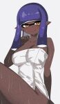  1girl arm_support banana7f blush breasts cleavage closed_mouth collarbone commentary dark-skinned_female dark_skin eyelashes film_grain hand_up highres inkling inkling_girl inkling_player_character looking_at_viewer naked_towel pointy_ears purple_hair simple_background sitting smile solo splatoon_(series) tentacle_hair towel untranslatable_commentary wet white_background yellow_eyes 