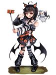  1girl absurdres ahoge animal_ear_headphones animal_ears arm_belt asymmetrical_legwear asymmetrical_sleeves bandaid bandaid_on_leg bare_shoulders bat_wings belt belt_collar black_choker black_hair black_nails black_shoes black_sweater cat_ear_headphones cat_ears choker collar commentary_request cross-laced_clothes cross-laced_dress dress eyeball_hair_ornament fake_animal_ears full_body h_ans_(hmn_anz) headphones highres holding layered_dress leg_belt long_sleeves looking_at_viewer loose_socks mahou_shoujo_no_majo_saiban multicolored_hair nail_polish off-shoulder_sweater off_shoulder orange_eyes orange_nails orange_streaks sawatari_coco selfie_stick shirt shoes short_hair sideways_mouth simple_background single_bare_shoulder single_thighhigh skirt skirt_under_dress skull sleeveless sleeveless_shirt socks solo standing streaked_hair striped_clothes striped_sleeves striped_thighhighs stuffed_animal stuffed_cat stuffed_toy sweater teeth thighhighs upper_teeth_only white_background white_shirt white_skirt wings 