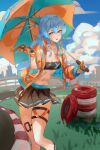  1girl absurdres bandeau blue_eyes blue_hair breasts gun handgun highres holding holding_gun holding_umbrella holding_weapon hololive hoshimachi_suisei jacket jayvee long_hair orange_jacket outdoors race_queen racetrack revolver short_sleeves skirt small_breasts solo star_(symbol) star_in_eye strapless symbol_in_eye thigh_strap tube_top umbrella virtual_youtuber weapon 