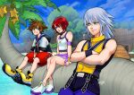  1girl 2boys aqua_eyes aquaxtic armband artist_name bare_shoulders beach black_camisole black_choker blue_eyes blue_pants boots breasts brown_hair camisole choker closed_mouth commentary crossed_arms crown_necklace english_commentary full_body grey_hair grin hair_between_eyes highres hood hood_down hooded_jacket in_tree jacket jewelry kairi_(kingdom_hearts) kingdom_hearts medium_breasts medium_hair midriff multiple_boys navel necklace ocean outdoors pants paopu_fruit parted_lips purple_armband purple_skirt red_hair red_romper riku_(kingdom_hearts) romper shirt shoes short_hair sitting sitting_in_tree skirt sleeveless sleeveless_shirt smile smirk sora_(kingdom_hearts) spiked_hair teeth tree upper_body vest white_camisole white_shoes wristband yellow_boots yellow_vest 