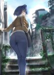  1girl alternate_costume ass blue_eyes blue_hair blue_pants blush brown_jacket closed_mouth colored_inner_hair commentary daaku_(koizumi_arata) denim from_behind hair_intakes highres hololive hololive_english jacket multicolored_hair ouro_kronii outdoors pants plant ruins sky smile solo stairs vines virtual_youtuber 