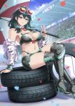  1girl bikini black_bikini black_panties black_skirt blue_nails blue_sky boots breasts burnt_green_tea confetti contemporary detached_collar eyewear_on_head female_byleth_(fire_emblem) fire_emblem fire_emblem:_three_houses green_hair high_heel_boots high_heels highleg highleg_panties highres holding holding_umbrella large_breasts long_hair nail_polish necktie outdoors panties race_queen red_necktie skirt sky solo sunglasses swimsuit thigh_boots tinted_eyewear umbrella underwear unused_tire v 