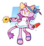  1girl alotaart animal_ears blaze_the_cat blaze_the_cat_(summer) cat_ears cat_girl cat_tail dress flip-flops food forehead_jewel furry furry_female hat hat_ribbon highres official_alternate_costume popsicle purple_fur ribbon sandals solo sonic_(series) straw_hat sundress tail watermelon_bar white_dress yellow_eyes 