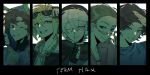  1girl 4boys animification blonde_hair blue_eyes brown_hair chain chain_necklace column_lineup derapchu earmuffs english_text eyewear_on_head fingerless_gloves fur-trimmed_jacket fur_trim gloves green_scarf grin hackingnoises highres jacket jewelry katieb maxggs minecraft_youtube multiple_boys necklace pearl_necklace pink-tinted_eyewear red_scarf sanguinegaze scarf short_hair smile striped_clothes striped_scarf sunglasses theobaldthebird tinted_eyewear vertical-striped_clothes vertical-striped_scarf white_hair yellow_eyes 