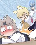  >_< 2girls :d ^^^ ahoge animal_ears arm_up ass bilingual_commentary black_shorts black_skirt blonde_hair blue_archive blue_background blush brown_hair c/h clothes_lift commentary cowboy_shot deformed emphasis_lines english_commentary foreshortening fox_ears fox_girl gun hair_between_eyes holding holding_gun holding_weapon korean_commentary kurumi_(blue_archive) long_hair long_sleeves lying miniskirt mixed-language_commentary motion_blur motion_lines multiple_girls neckerchief nose_blush o_o on_stomach open_mouth otogi_(blue_archive) outstretched_hand pleated_skirt prank red_neckerchief school_uniform serafuku shirt shorts shorts_under_skirt simple_background skirt skirt_lift smile spanked spanking surprised sweatdrop v-shaped_eyebrows very_long_hair weapon white_shirt wide-eyed xd 