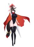  1girl absurdres alternate_costume alternate_hairstyle animal_ear_fluff animal_ears arm_behind_head armpits black_leotard black_thighhighs blue_archive bow breasts brown_hair cape closed_mouth commentary cosplay covered_navel expressionless fox_ears fox_girl fox_tail halo highleg highleg_leotard highres holding holding_polearm holding_weapon hollow_knight hollow_knight:_silksong hornet_(hollow_knight) hornet_(hollow_knight)_(cosplay) korean_commentary large_breasts leotard mask mask_on_head nekong3372 polearm red_cape red_halo short_hair sideboob solo spear tail tail_bow tail_ornament thighhighs wakamo_(blue_archive) weapon yellow_eyes 