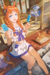  1girl absurdres ak8531848 animal_ears blue_bow blue_eyes bow braid breasts brown_hair commentary_request ear_bow ear_ribbon electric_fan food grass_wonder_(umamusume) highres holding holding_food holding_popsicle horse_ears horse_girl horse_tail long_hair looking_at_viewer midriff multicolored_hair navel popsicle sailor_collar sandals shirt sitting skirt smile solo tail twin_braids umamusume white_hair white_sailor_collar white_shirt white_skirt 