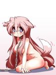  animal_ears bdsm blush bondage bound breasts chain collar dog_ears dog_tail glasses hair_censor hair_over_breasts kemonomimi_mode large_breasts long_hair looking_at_viewer lucky_star mizushima_(p201112) nude purple_eyes smile solo tail tail_wagging takara_miyuki 