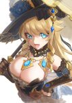  1girl :d bare_shoulders black_flower black_gloves black_hat black_rose blonde_hair blue_eyes blue_gem bodice breasts commentary_request dress drill_hair drill_sidelocks flower fold-over_gloves from_above gem genshin_impact gloves hand_on_own_hip hat hat_feather hat_flower highres holding holding_umbrella housou_siro jewelry lace-trimmed_collar lace_trim large_breasts long_hair looking_at_viewer navia_(genshin_impact) necklace open_mouth rose ship's_wheel_ornament sidelocks simple_background smile solo solo_focus sparkling_eyes strapless strapless_dress swept_bangs tricorne umbrella very_long_hair white_background 
