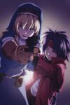  1boy 1girl bandana belt belt_pouch blonde_hair blue_eyes blurry braid chrono_(chrono_crusade) chrono_crusade cloak depth_of_field gloves gun handgun haohime highres holding holding_gun holding_weapon hood hood_down hooded_cloak long_hair m1911 nun parted_bangs pointy_ears pouch purple_hair red_bandana red_eyes rosette_christopher weapon 
