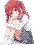  1girl :o aqua_bow aqua_bowtie bare_legs blush bow bowtie collared_shirt commentary_request fingernails frilled_socks frills from_side full_body grey_skirt hair_bow highres hugging_own_legs knees_up long_hair long_sleeves looking_at_viewer looking_to_the_side miniskirt no_shoes original parted_lips plaid_clothes plaid_skirt pleated_skirt red_eyes red_hair school_uniform shirt shirt_tucked_in signature simple_background sitting skirt sleeve_cuffs socks solo straight_hair thighs twintails uru_aoi23 white_background white_shirt white_socks 