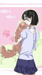  1girl alien_stage animal bell black_skirt blue_shirt cat commentary frilled_skirt frills from_behind highres holding holding_animal holding_cat looking_back paw_print purple_eyes shirt skirt smile solo sua_(alien_stage) thick_eyebrows zawazawazawa00 