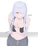  1girl absurdres ak-15_(girls'_frontline) alternate_costume arm_behind_back artist_name bare_shoulders black_sports_bra braid breasts collarbone commentary english_commentary feet_out_of_frame girls'_frontline girls'_frontline_2:_exilium grey_hair grey_pants hair_over_one_eye hand_on_own_chest highres leaning_forward long_hair looking_at_viewer medium_breasts navel open_mouth pants purple_eyes sidelocks simple_background solo sports_bra sportswear standing sweat twitter_username voymastina_(girls'_frontline_2) white_background yoga_pants yuiitxu 