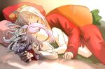  2girls animal_ears bed blunt_bangs bow breasts closed_eyes commentary_request day dress gold_ship_(umamusume) green_dress grey_hair horse_ears horse_girl long_hair long_sleeves lying mejiro_mcqueen_(umamusume) multiple_girls on_side open_mouth pajamas pants purple_hair red_pajamas red_pants red_shirt shirt sleeping spooning stuffed_carrot sunlight umamusume umeume332 white_shirt yuri 