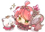  1girl 35p_(sakura_miko) :3 ahoge alternate_costume ball_hands blush cape cat chibi chibi_only closed_mouth commentary_request crown dress flag from_above green_eyes hair_ornament holding holding_flag hololive long_hair looking_at_viewer mini_crown pink_cape pink_dress pink_hair powapoco puffy_cheeks sakura_miko simple_background solo sparkle swept_bangs virtual_youtuber white_background white_cat 