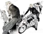  ! 1girl 3boys black_necktie chinese_commentary commentary_request denim grey_jacket grey_pants gyou_chin helmet highres jacket jeans leather leather_jacket looking_at_another looking_back male_focus mole mole_under_eye mole_under_mouth motor_vehicle motorcycle motorcycle_helmet multiple_boys multiple_moles multiple_riders necktie on_motorcycle original pants riding riding_motorcycle shirt shirt_tucked_in short_hair simple_background spoken_exclamation_mark suit_jacket suit_pants watermark white_background white_shirt xiaohongshu_id xiaohongshu_watermark 