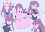  1girl adjusting_clothes adjusting_gloves b_r_s_r_m bare_arms black_dress blue_eyes blue_shirt blush boots breasts commentary_request dress gloves green_(pokemon) hand_on_own_hat hat head_on_hand heart high_heel_boots high_heels highres jigglypuff large_breasts multiple_views pokemon pokemon_(creature) pokemon_adventures profile shirt shoes simple_background sleeveless sleeveless_dress sleeveless_shirt smile white_gloves white_hat white_shoes wristband 