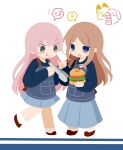  2girls absurdres animal_ears bang_dream! bang_dream!_it's_mygo!!!!! blue_eyes blue_shirt blue_skirt brown_hair burger chihaya_anon commentary food grey_eyes highres holding holding_tongs kino_(kino01xyz) long_hair long_sleeves multiple_girls nagasaki_soyo pink_hair shirt simple_background skirt tongs white_background 