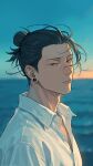  1boy adam's_apple blue_sky brown_eyes buttons closed_mouth commentary_request floating_hair geto_suguru hair_bun highres jujutsu_kaisen looking_at_viewer looking_to_the_side male_focus ocean outdoors partially_unbuttoned plug_(piercing) shirt short_hair sideburns single_hair_bun sky solo sunset wanwandeluxa white_shirt 