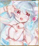  1girl :d absurdres animal_ears bare_shoulders bikini blue_hair blue_sky breasts cleavage cloud collarbone commentary_request day hair_between_eyes highres kuriyuzu_kuryuu long_hair medium_breasts original outdoors photo_(medium) red_eyes shikishi short_eyebrows signature sky smile solo swimsuit thick_eyebrows traditional_media twintails upper_body v v_over_eye very_long_hair water white_bikini 