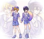  2boys aged_down black_hair blonde_hair buraikan_(paradox_live) commentary_request full_body hat highres holding holding_swim_ring holding_water_gun kuzuryu_chisei long_sleeves multiple_boys neckerchief paradox_live purple_eyes purple_hat purple_shirt purple_shorts shingu_haruomi shirt short_hair short_sleeves shorts socks swim_ring t4wzdbz4eoojvld water_gun white_socks yellow_eyes 