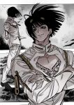  1boy absurdres amuinput argyle_clothes argyle_sweater black_hair black_shoes bob_cut bruno_bucciarati commentary crossed_arms highres jacket jojo_no_kimyou_na_bouken male_focus open_clothes open_jacket outdoors pants pectoral_cleavage pectorals shoes smile solo sweater untranslatable_commentary vento_aureo white_jacket white_pants zipper 