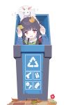  1girl absurdres animal animal_ears animal_on_head arrow_(symbol) bags_under_eyes black_hair blue_archive blue_shirt bright_pupils bun_bun_(blue_archive) commentary fake_animal_ears green_neckerchief grey_halo halo haru_0104 highres in_container in_trash_can leaf leaf_on_head long_hair long_sleeves looking_at_viewer miyu_(blue_archive) neckerchief on_head open_mouth peanut_mouth rabbit rabbit_pose recycle_bin recycling_symbol red_eyes sailor_collar sailor_shirt shirt simple_background solo trash_can white_background white_pupils white_sailor_collar 