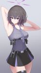  1girl absurdres armpits arms_behind_head blue_archive braid breasts bte00 collared_shirt commentary expressionless grey_necktie grey_shirt halo highres loose_necktie medium_hair mole mole_on_neck necktie purple_halo purple_necktie shirt short_braid simple_background sleeveless sleeveless_shirt solo subaru_(blue_archive) 