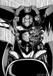  1other absurdres artist_name cable commentary_request crossover drill fangs food getter_robo godzilla godzilla_(series) greyscale highres ishikawa_ken_(style) level_herock looking_at_viewer machine meat mecha monochrome robot sharp_teeth shin_getter_robo shoulder_pads teeth twitter_username 