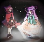  2girls ankle_boots aqua_shirt bilingual_commentary black_boots black_shirt blue_bow blue_bowtie boots bow bowtie breasts cloak commentary_request english_commentary eye_contact flat_chest fox_mask full_body glowing glowing_eyes hair_between_eyes hair_bow hand_up hata_no_kokoro jack-o'-lantern_cutout korean_commentary lantern long_hair long_skirt long_sleeves looking_at_another mask mask_on_head medium_hair medium_skirt mirae_somang mixed-language_commentary multiple_girls night no_mouth orange_skirt outdoors pink_eyes pink_hair plaid_clothes plaid_shirt red_bow red_cloak red_eyes sekibanki shirt skirt small_breasts standing straight_hair touhou white_boots 